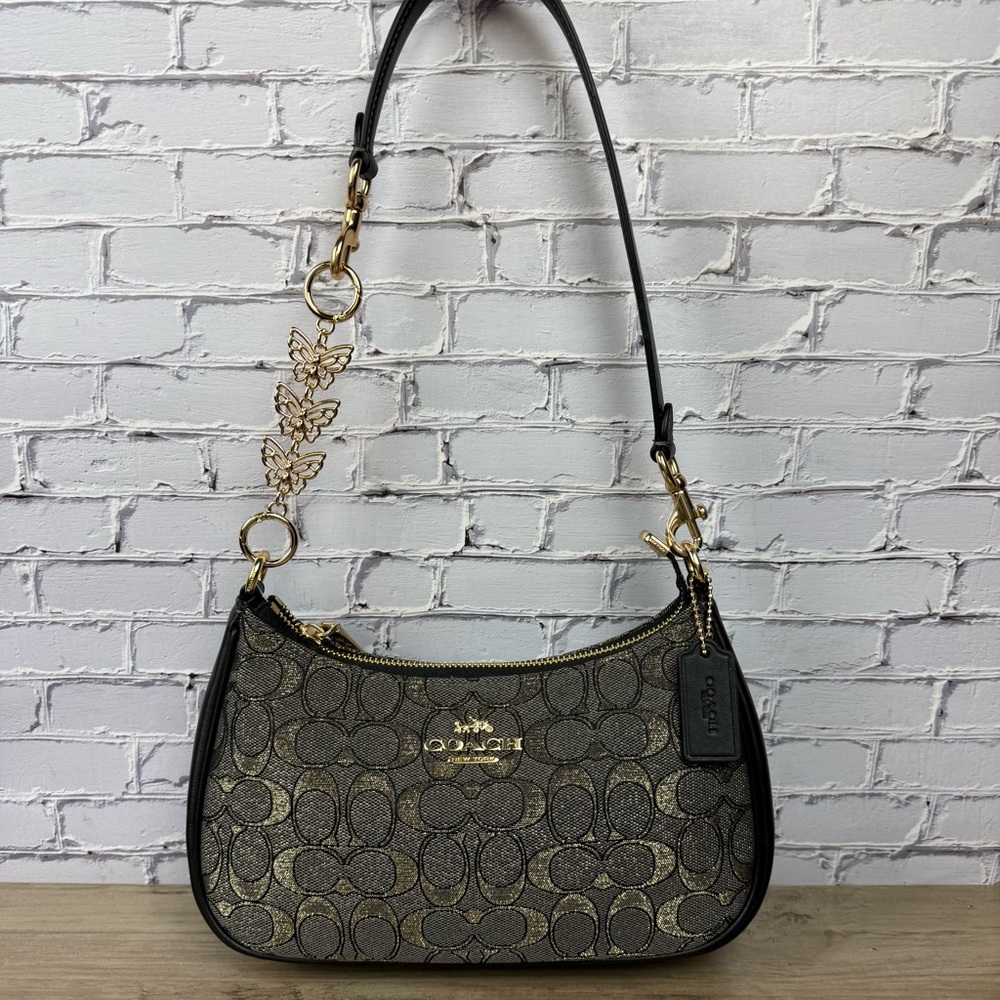 NWT Coach Teri Shoulder Bag Signature Jacquard Gold/Charcoal/Gold CCZ02